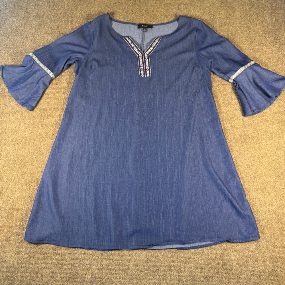 NAIF Womens Medium Blue Embroidered Bell Sleeve Tunic Mini Dress Boho Denim Look